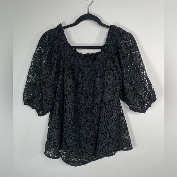 Anthropologie Maeve Eyelet Off The Shoulder Oversized Lace Black Top Size M - Picture 3 of 7